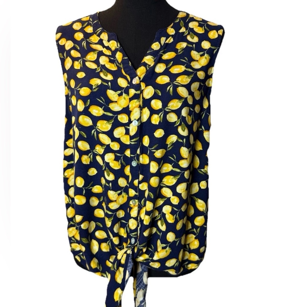 Sara Michelle Women's Blue/Yellow Sleeveless Button Blouse, Lemon design, Large